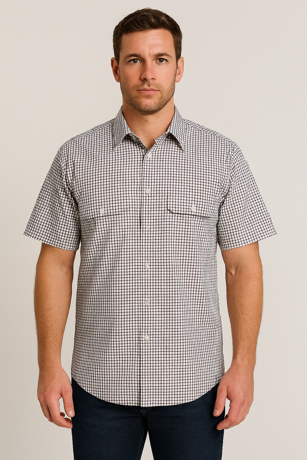 Bisley Mens Short Sleeve Check Shirt Checkered Cotton Blend Casual Business Work - Burgundy